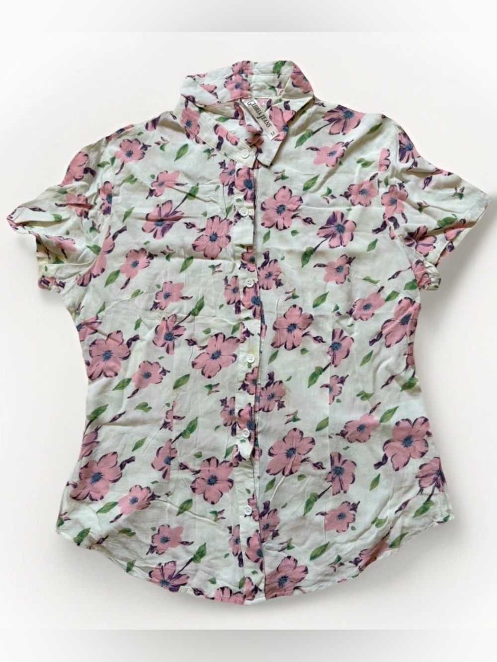 Women’s M White Pink Floral Collar Short Sleeve Shirt Button Viscose Lightweight